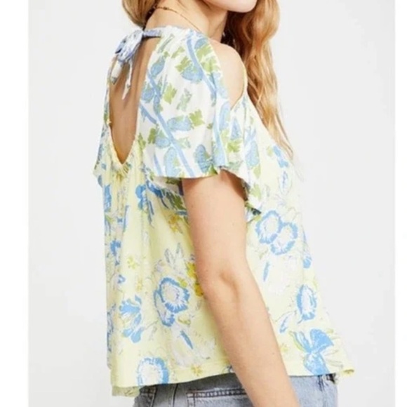 NEW Free People Baja Babe cold shoulder top Yellow Printed Lemon Gelato size XS - Picture 1 of 13